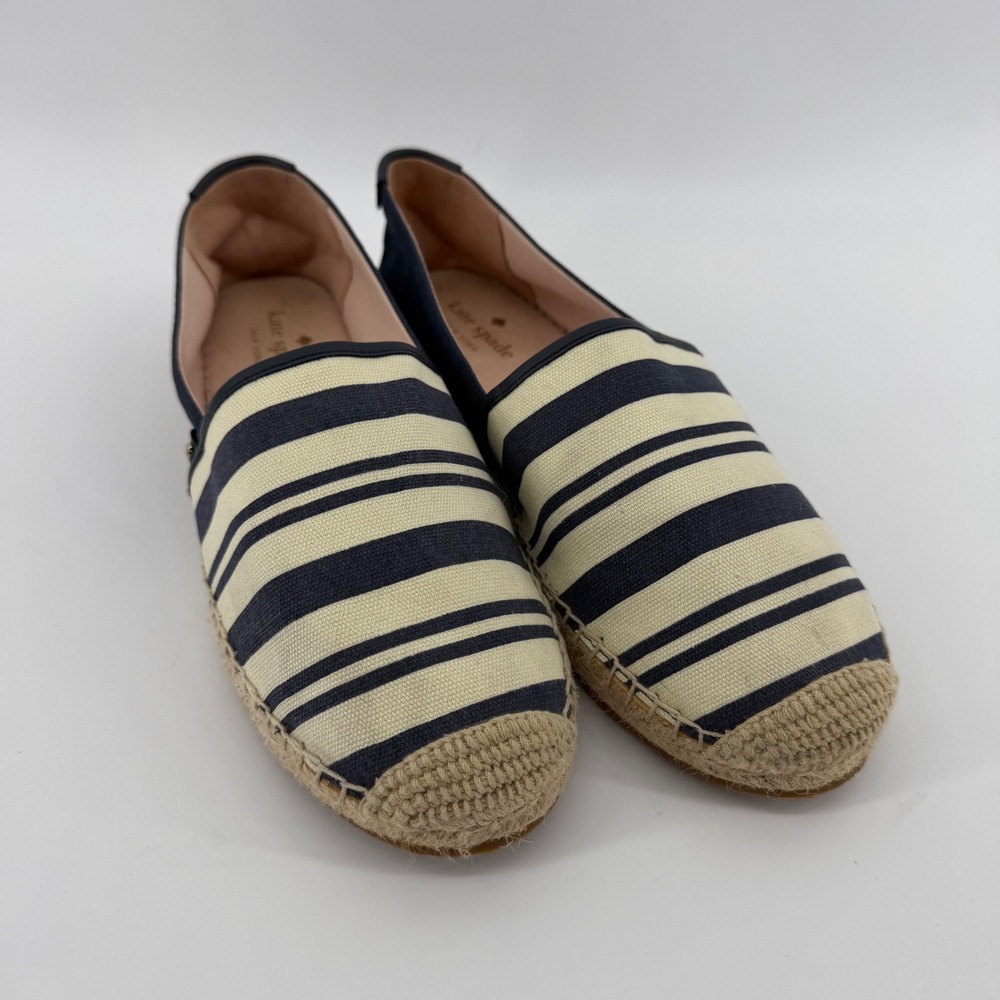 Kate Spade Espadrilles Womens 11 Navy Gramercy Striped Canvas Jute Flats